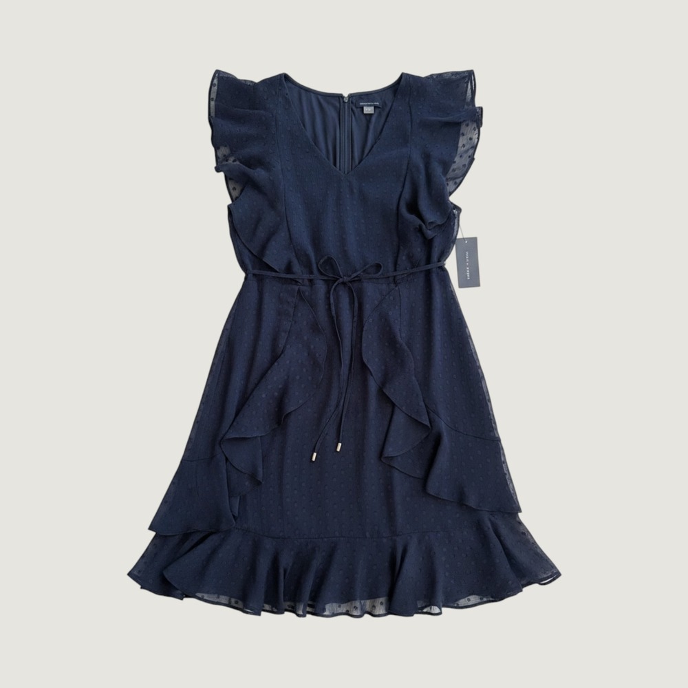 Tommy Hilfiger Navy Blue Ruffle‎ Clip Dot V-Neck Dress Sky Size 12 NEW